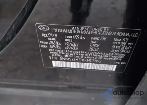2019 Hyundai Santa Fe Se z USA, uszkodzony, nr VIN 5NMS23ADXKH115892